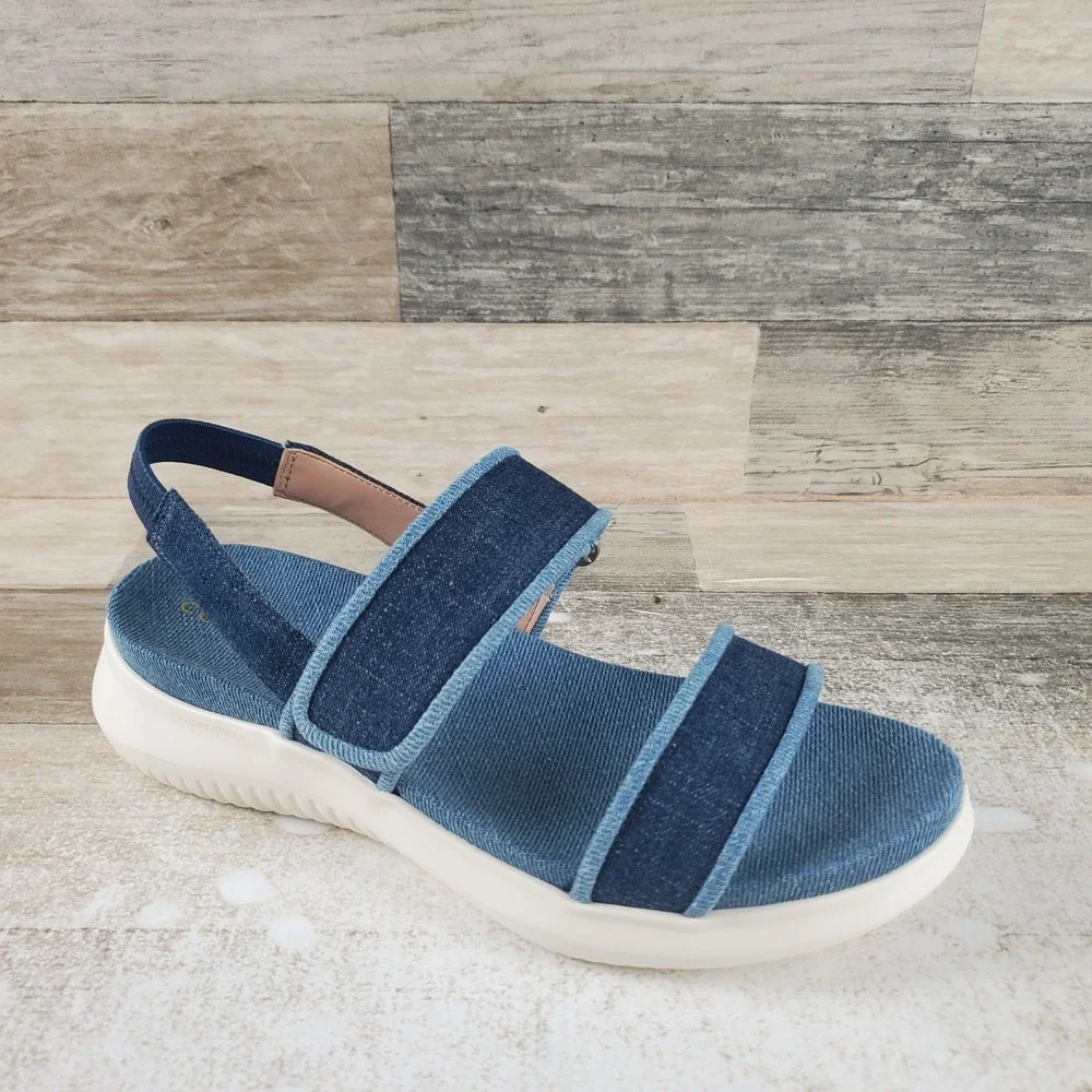 Cole Haan Zerogrand Meritt Sandal Womens Sz 7.5 B Denim Multi Ivory Hook & Loop